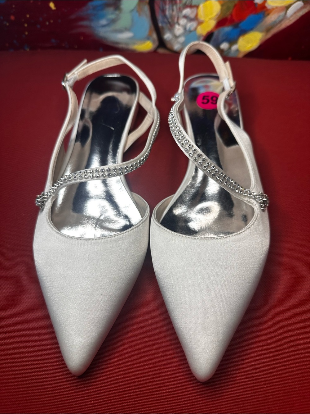 No.59 White Satin Rhinestone Slingback Pointed Toe Heels Size 40